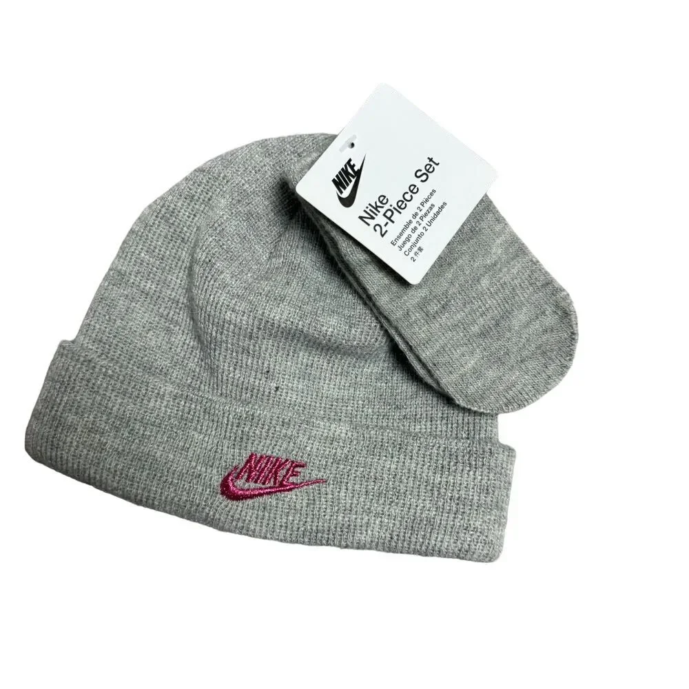 Nike Toddler Girls Size 12/24M Hat and Mittens 2‎ Piece Set - Grey Pink